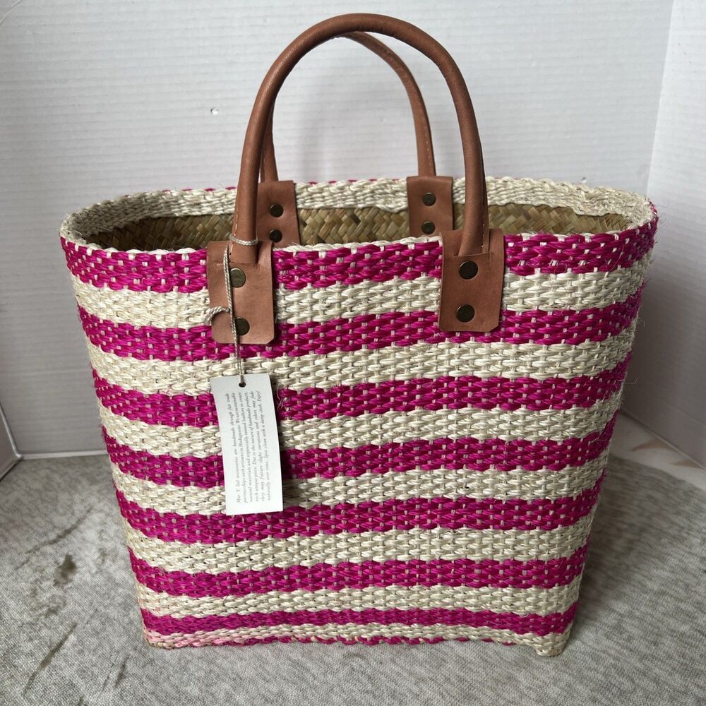Mar Y Sol Ibiza Handmade Tote Pink Raffia Leather Straps Beach Bag NWT